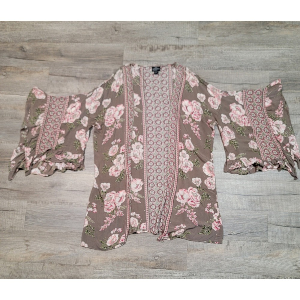 Angie Womens Small Floral Boho Kimono Cardigan Open Front Bell Sleeve Rayon Top